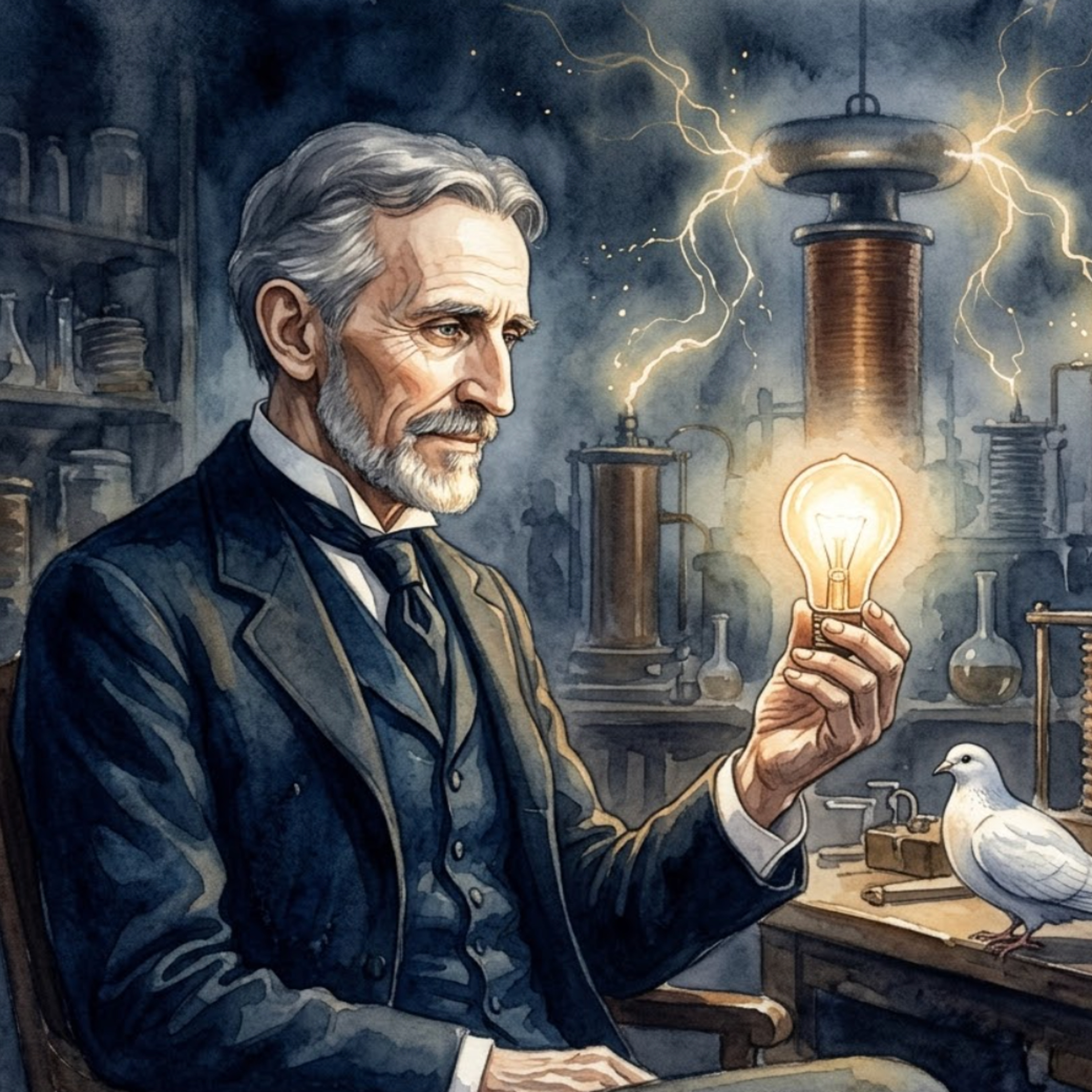 Artwork Nikola Tesla – Das Leuchten der Spulen im sanften Abendrot