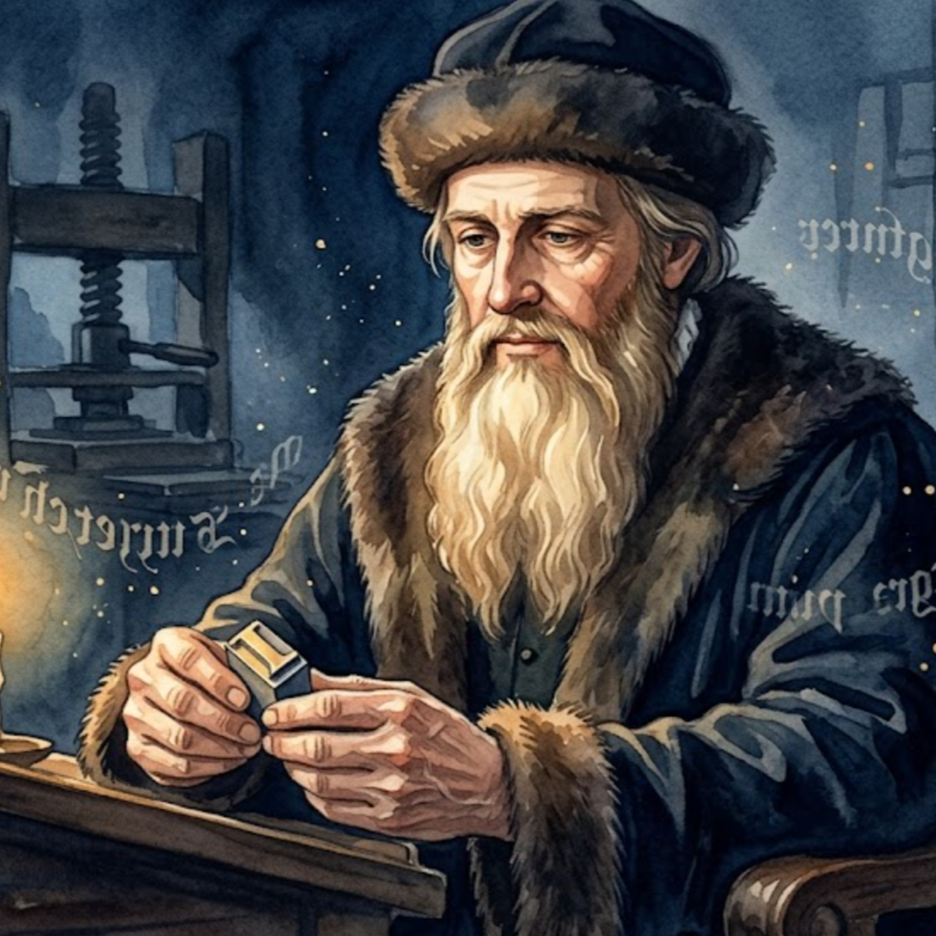 Artwork Johannes Gutenberg – Das sanfte Spiegeln der Lettern im Kerzenlicht