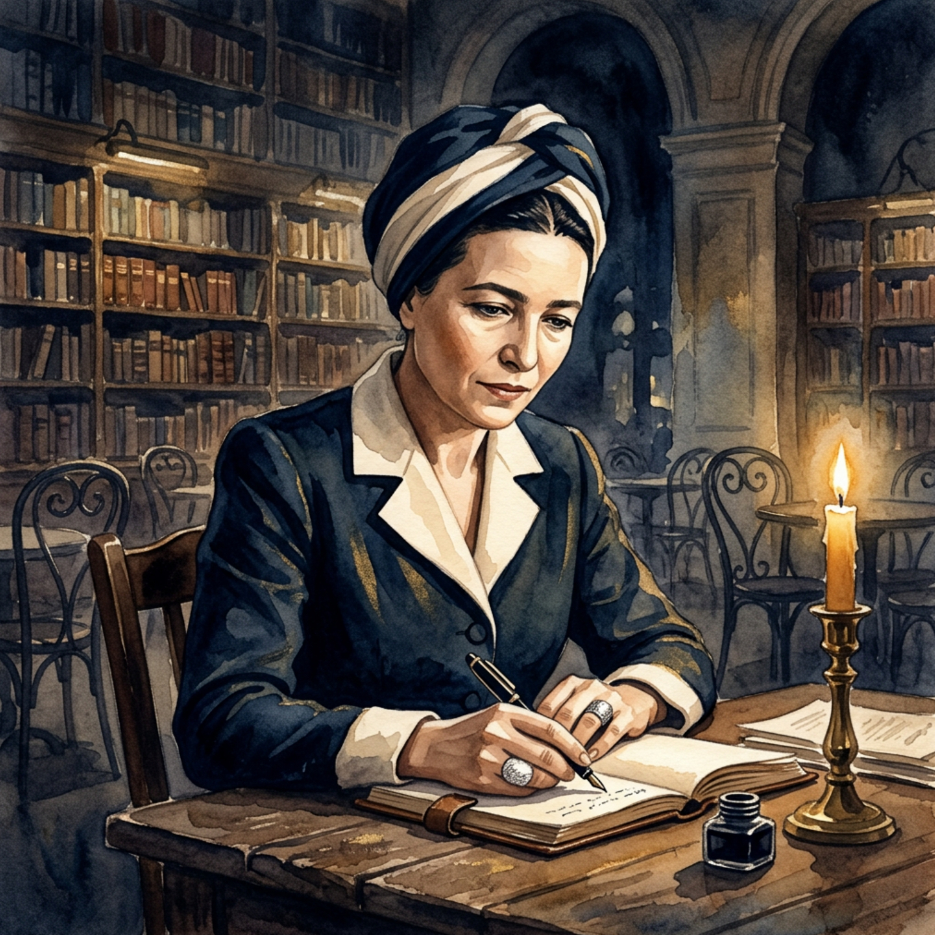 Artwork Simone de Beauvoir – Der silberne Ring im Licht der Bibliothek